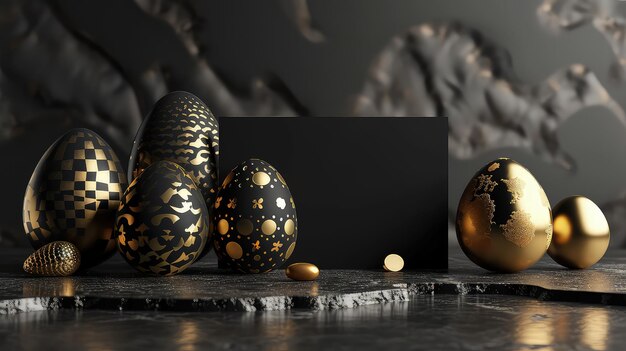 Eine elegante Sammlung von schwarzen und goldenen Ostereiern mit einzigartigen Mustern Eine leere schwarze Karte wird in der Mitte der Eier platziert, die für Anpassungs- oder Personalisierungszwecke verwendet werden kann
