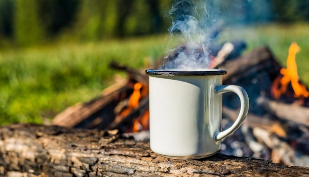 Eine emalgierte Tasse heißen, dampfenden Kaffees auf einem alten Baumstamm bei einem Lagerfeuer im Freien