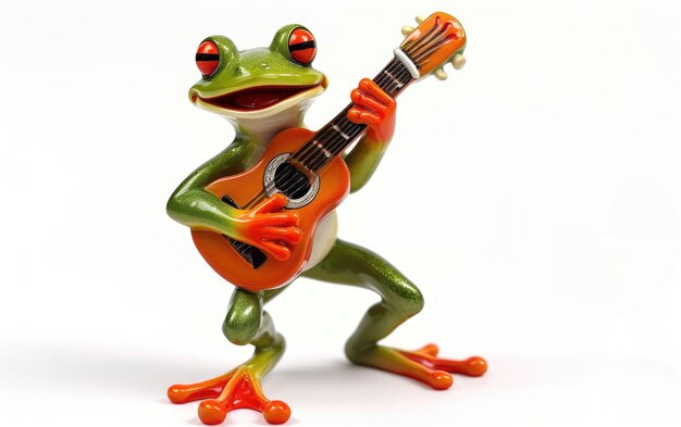 Eine energische Szene mit einem grünen Frosch, der eine Gitarre spielt, isoliert auf einem transparenten Hintergrund