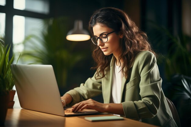 Eine engagierte Frau arbeitet fleißig von ihrem Büro aus.