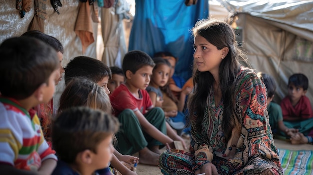 Eine engagierte Frau unterrichtet Kinder in einem Flüchtlingslager und fördert Bildung und Hoffnung Welthumanitärer Tag 19. August