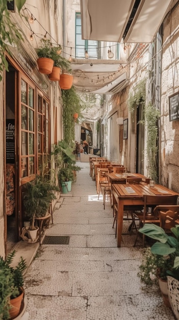 Eine enge Gasse mit Tischen und Stühlen und einem Schild mit der Aufschrift „Altstadt“