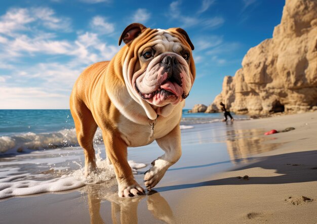 Eine Englische Bulldogge an einem Sandstrand, der die Küste erkundet