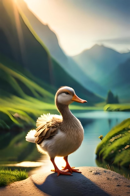 Eine Ente auf einem Felsen am See