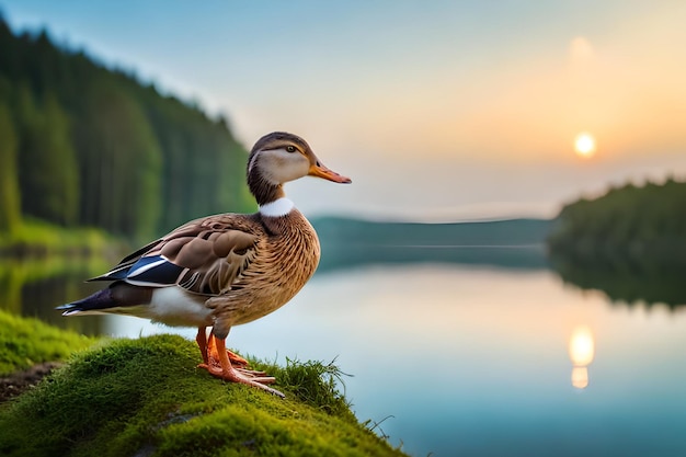 Eine Ente auf einem Felsen an einem See