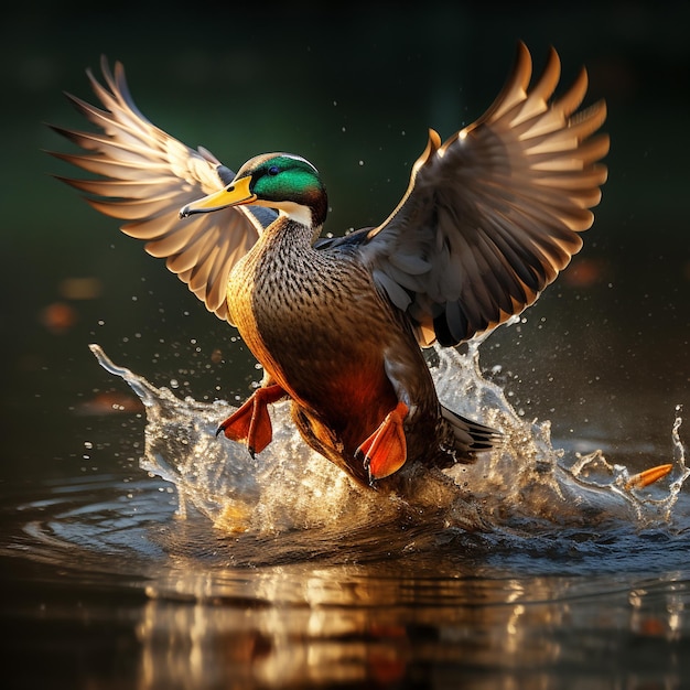 eine Ente fliegt mit ausgestreckten Flügeln über das Wasser