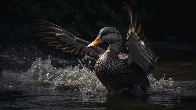 Eine Ente mit ausgebreiteten Flügeln im Wasser