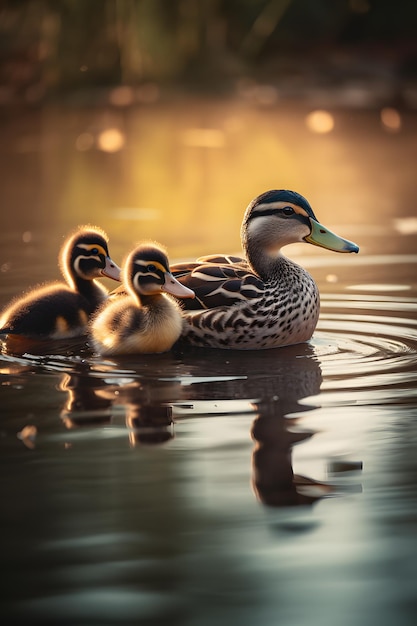 Eine Ente mit ihren Küken auf einem Teich