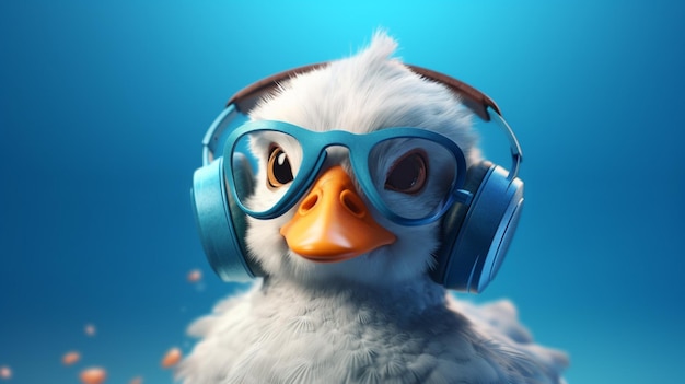 Eine Ente mit Kopfhörern und Brille