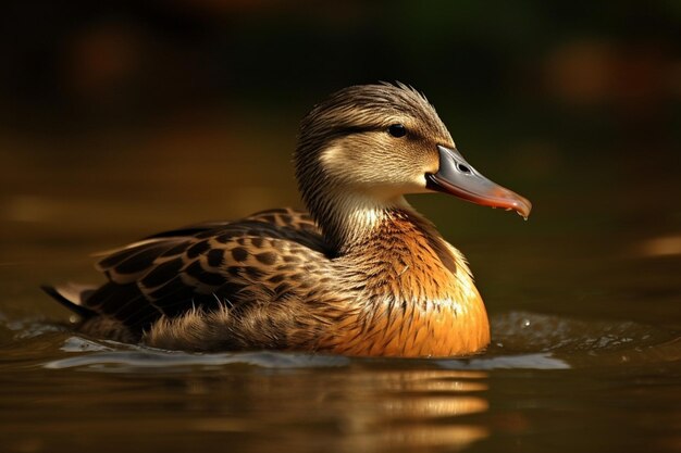 Eine Ente mit rotem Schnabel schwimmt in einem Teich.