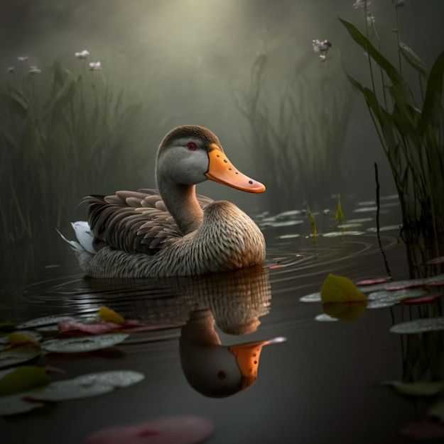 Eine Ente mit roten Augen schwimmt in einem Teich.