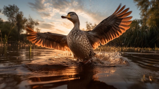 Eine Ente nimmt bei Sonnenuntergang ein Bad in einem See.