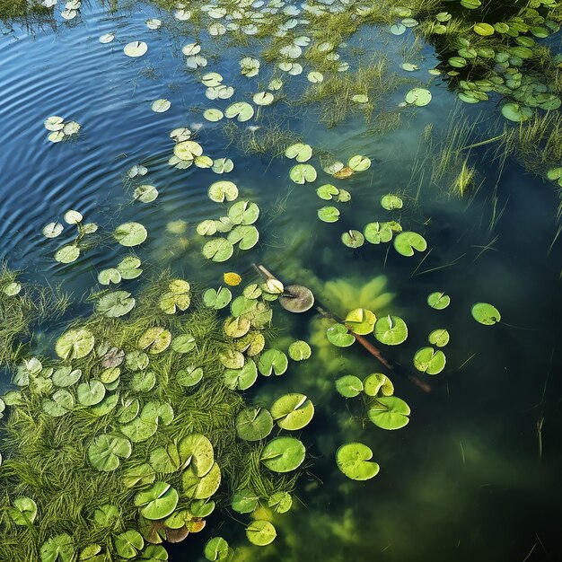 eine Ente schwimmt in einem Teich mit Lilienblättern