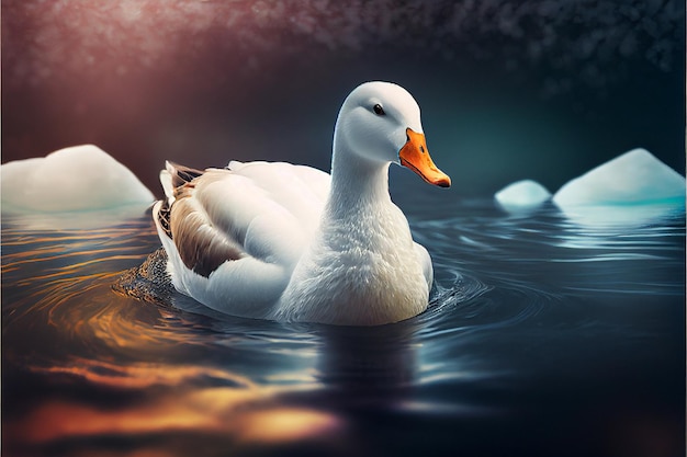 Eine Ente schwimmt in einem Teich mit verschwommenem Hintergrund.