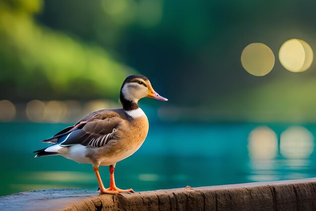 Eine Ente steht am Beckenrand, dahinter scheint die Sonne verschwommen im Hintergrund.