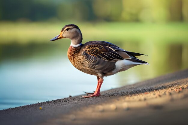 Eine Ente steht auf einem Felsvorsprung vor einem See.