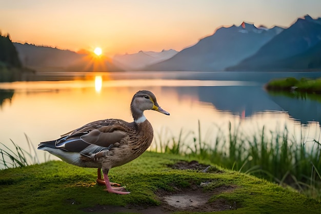 Eine Ente steht auf einer Wiese an einem See mit Bergen im Hintergrund.