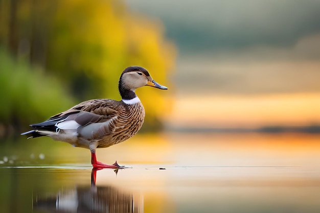 Eine Ente steht im Herbst auf einem See.