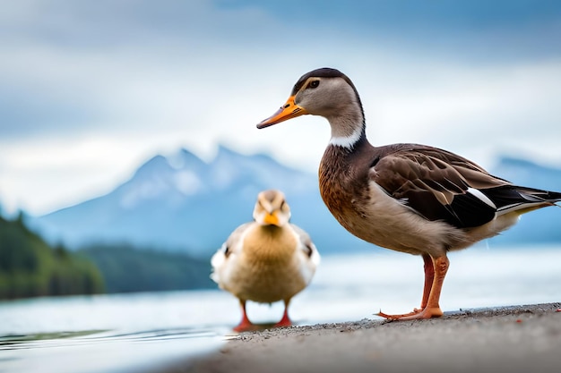 Eine Ente und eine Ente stehen an einem Seeufer.