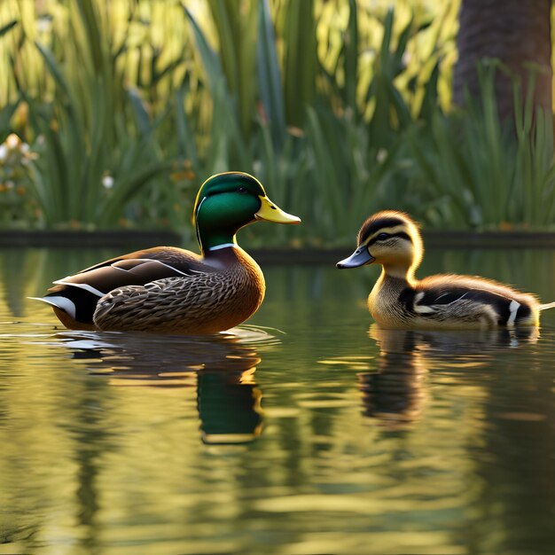 Eine Entenfamilie paddelt über einen Teich