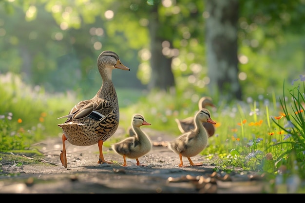 Foto eine entenfamilie wandert über einen pfad