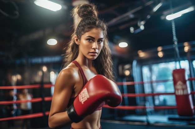 Eine entschlossene Frau in einem Boxring mit einem roten Handschuh, die ihre Fähigkeiten und Stärke zeigt, eine junge Frau im Boxring trainiert mit einem Partner und Sparring-Ausrüstung in der Nähe.