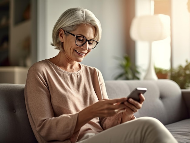 Eine entspannte reife Frau in den Sechzigern und eine ältere Kundin mittleren Alters sitzen auf einer Couch