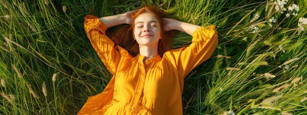 eine entspannte rothaarige Frau genießt den Sommer und liegt im hohen grünen Gras in einem langen orangefarbenen Kleid, lächelnd.
