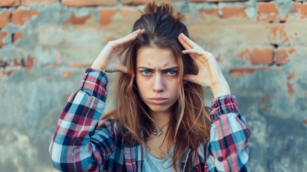 Foto eine enttäuschte frau legt ihre finger auf ihre tempel, ein mädchen in depressionen.