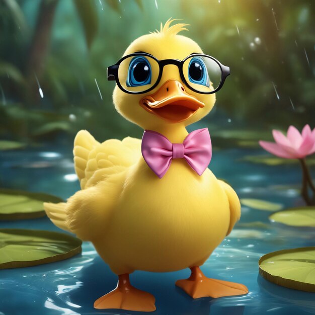 Eine entzückende kleine gelbe Cartoon-Ente mit blauer Fliege und schwarzer Brille