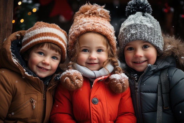 Eine entzückende Pfefferkuchenfamilie steht neben einem großen Pfeferkuchenhaus, das für Weihnachten und