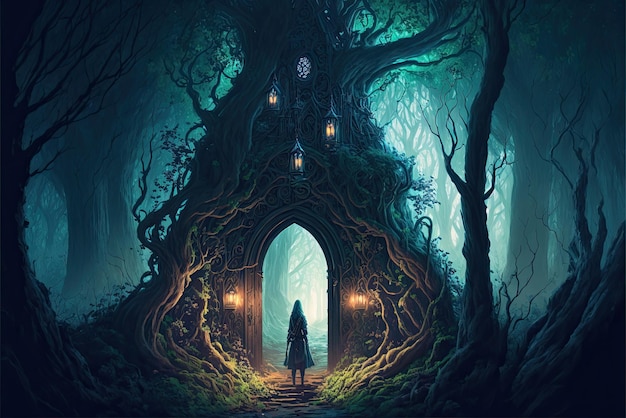 Eine epische Fantasy-Illustration mit einem mysteriösen Wald, einer wunderschönen magischen mysteriösen Geschichte Generative KI