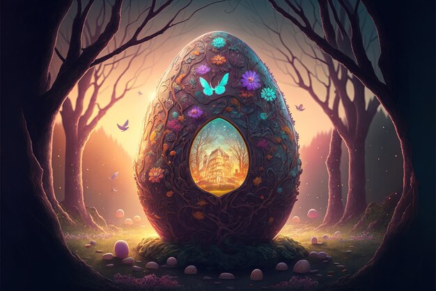 Eine epische Fantasy-Illustration mit einem Osterei Happy Easter Day Generative AI