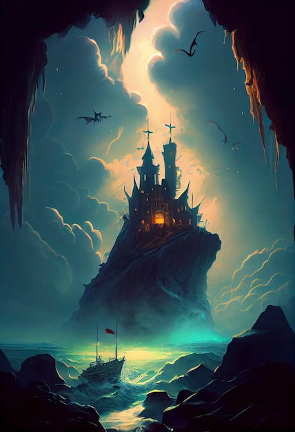 Eine epische Fantasy-Illustration mit einem riesigen Schloss, einer wunderschönen, magischen, mysteriösen Geschichte Generative KI