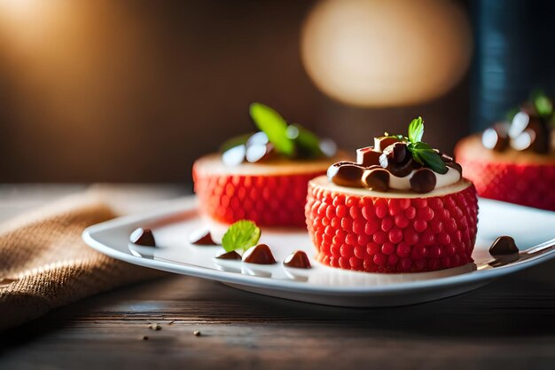 eine Erdbeere, auf der Schokolade und ein Stück Kuchen sind