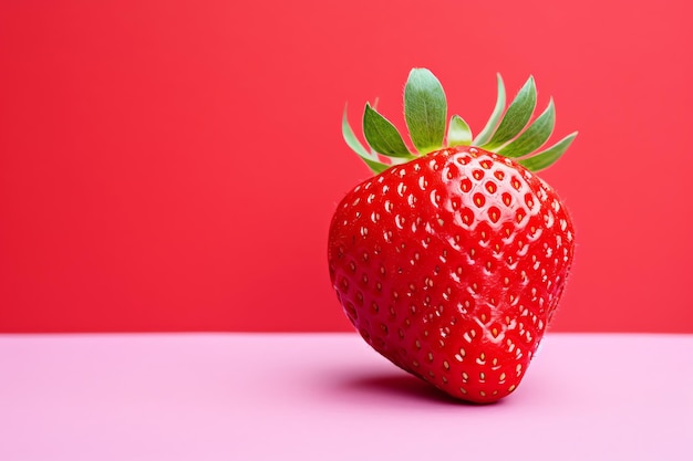 eine Erdbeere auf einer rosa Oberfläche