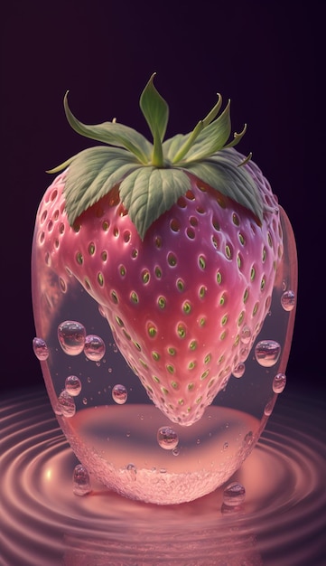 Eine Erdbeere in einem Glas mit grünem Blatt