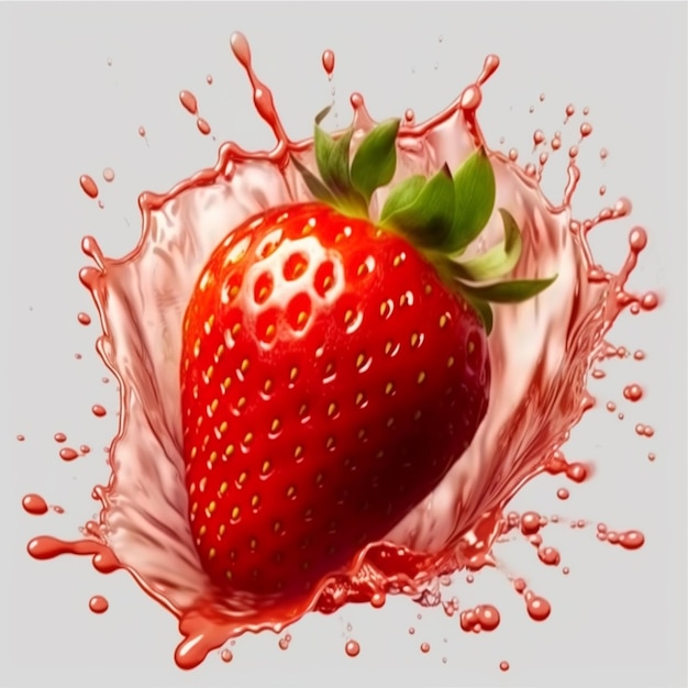 Eine Erdbeere in einem Milchspritzer mit einem Spritzer Flüssigkeit.
