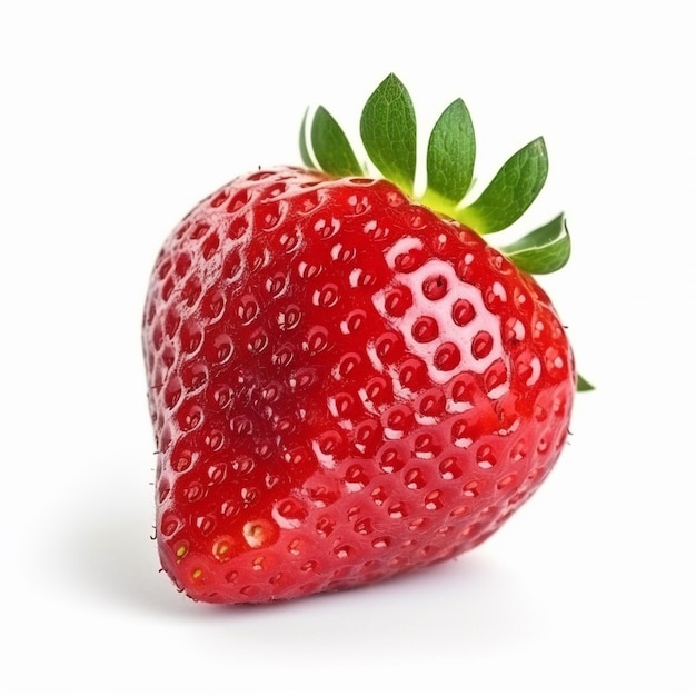 Eine Erdbeere mit einem grünen Blatt auf einem weißen Hintergrund