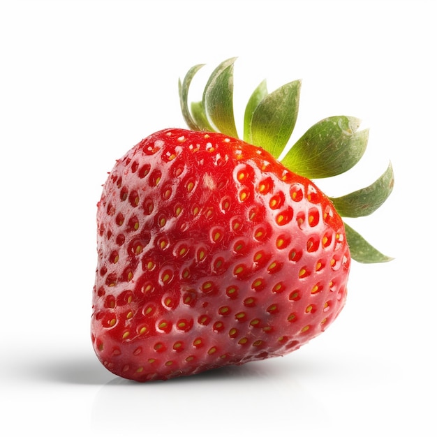 Eine Erdbeere mit einem grünen Blatt oben.