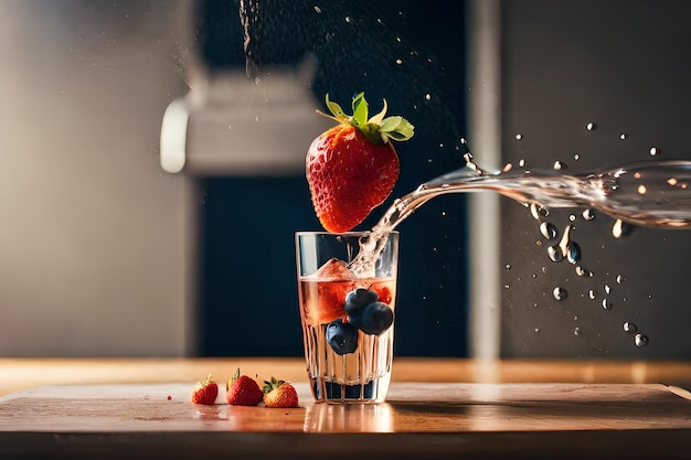 Eine Erdbeere wird in ein Glas Wasser gegossen