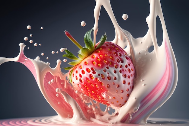Eine Erdbeere wird in einen Milchspritzer fallen gelassen.