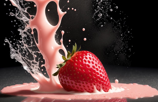 Eine Erdbeere wird in einen Milchspritzer gegossen.
