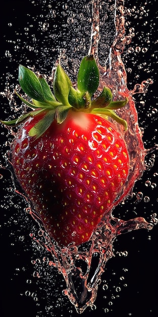 Eine Erdbeere wird in einen Wasserspritzer fallen gelassen.