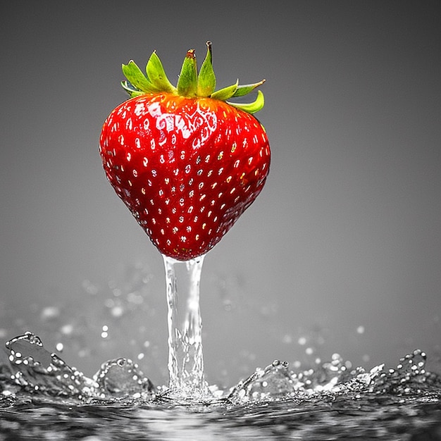 Eine Erdbeere wird in einen Wasserspritzer gegossen.