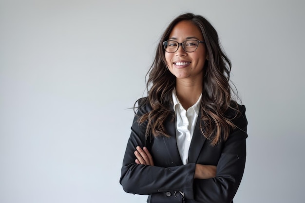 Eine erfolgreiche Geschäftsfrau sieht zuversichtlich aus und lächelt auf weißem Hintergrund