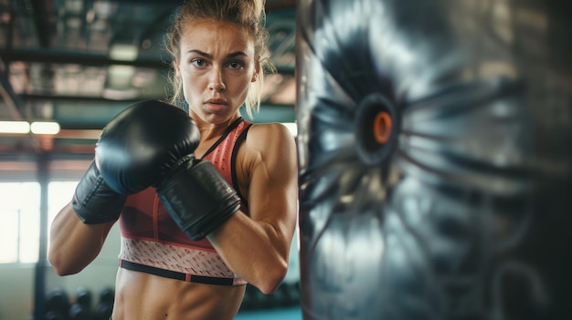 Eine ernsthafte junge Boxerin in Sport-BH und Boxhandschuhen übt während eines funktionellen Trainings im Fitnessstudio Schläge auf einer schweren Tasche.