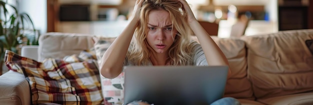 Eine ernsthafte junge Frau arbeitet zu Hause mit einem Laptop