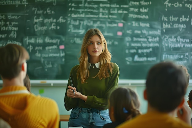 Eine ernsthafte junge Lehrerin steht vor einer Tafel in einem Klassenzimmer