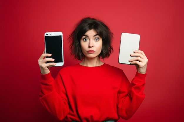 Foto eine erschrakene junge frau in einem roten sweatshirt hält zwei smartphones in jeder hand